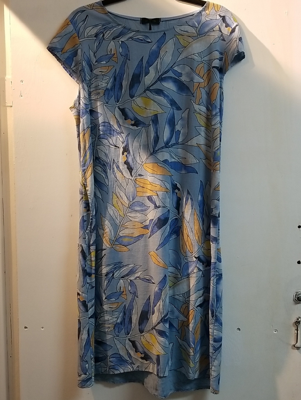 Cherish Blue and Yellow Leaf-Print Midi Dress